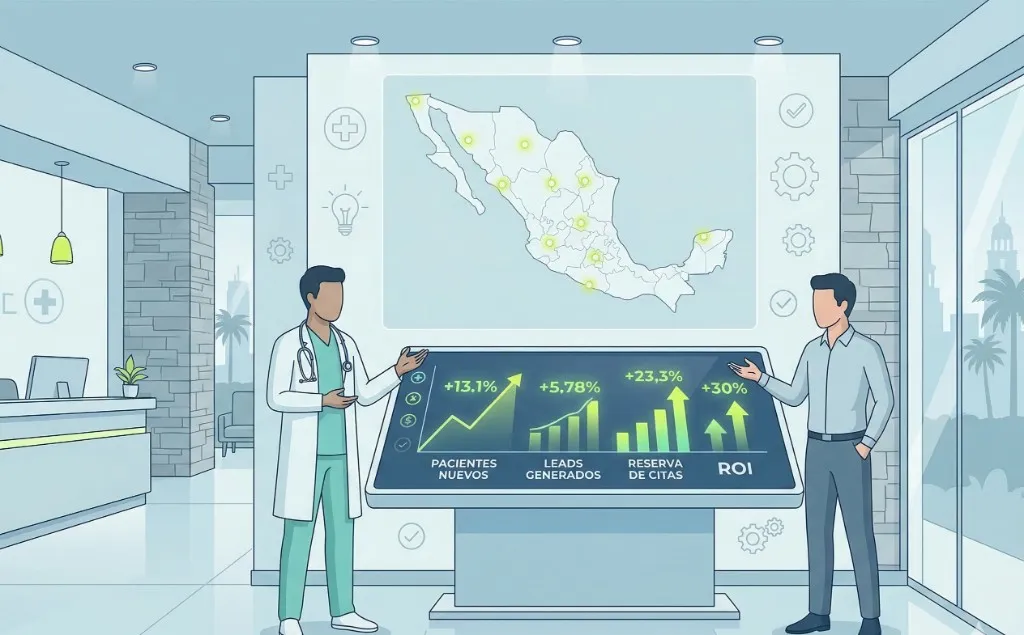 Médico y equipo de marketing revisando resultados de captación de pacientes en clínica privada en México