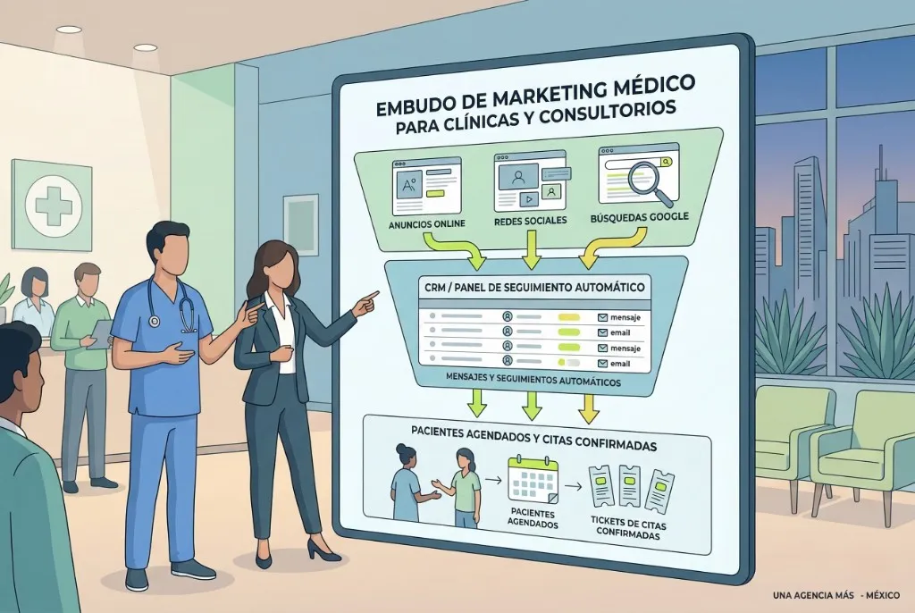 Proceso de marketing médico en 4 pasos: diagnóstico de clínica, implementación de campañas, seguimiento automatizado y optimización continua